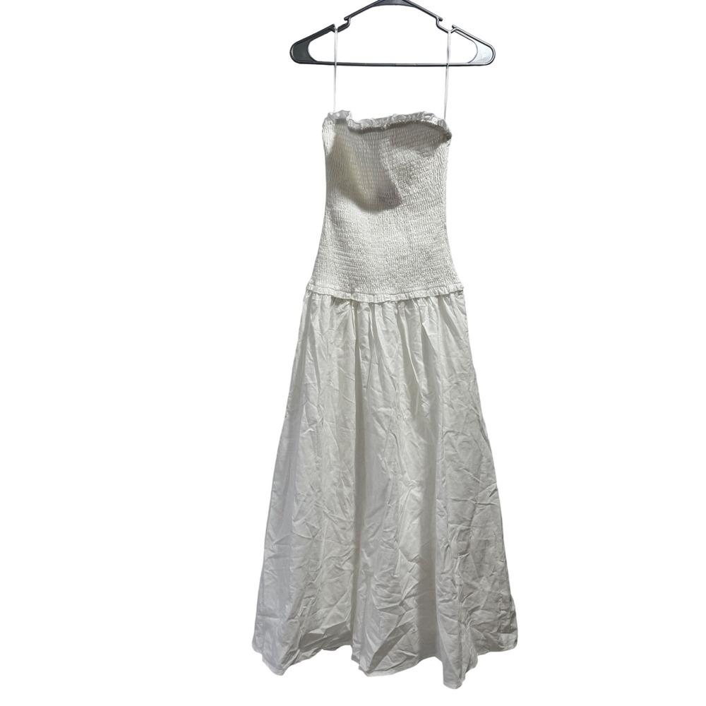 Princess Polly White Smocked Strapless Midi Dress Cotton Linen Blend Size 4 - Picture 3 of 8